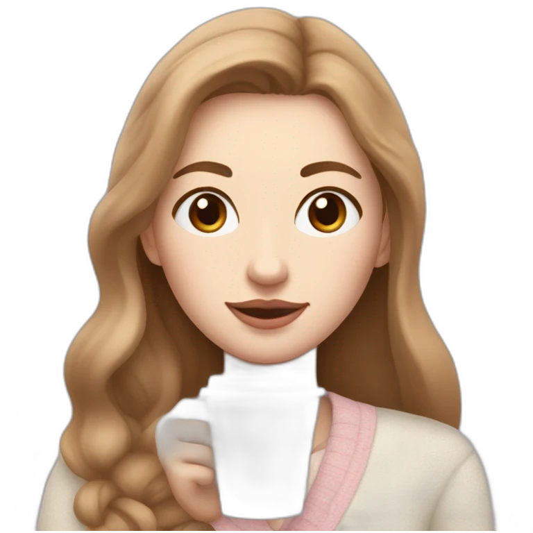 woman with pale skin and middle brown long thin hair wearing a white woolly shirt  and sipping coffee from a light pink takeaway cup eyes closed emoji