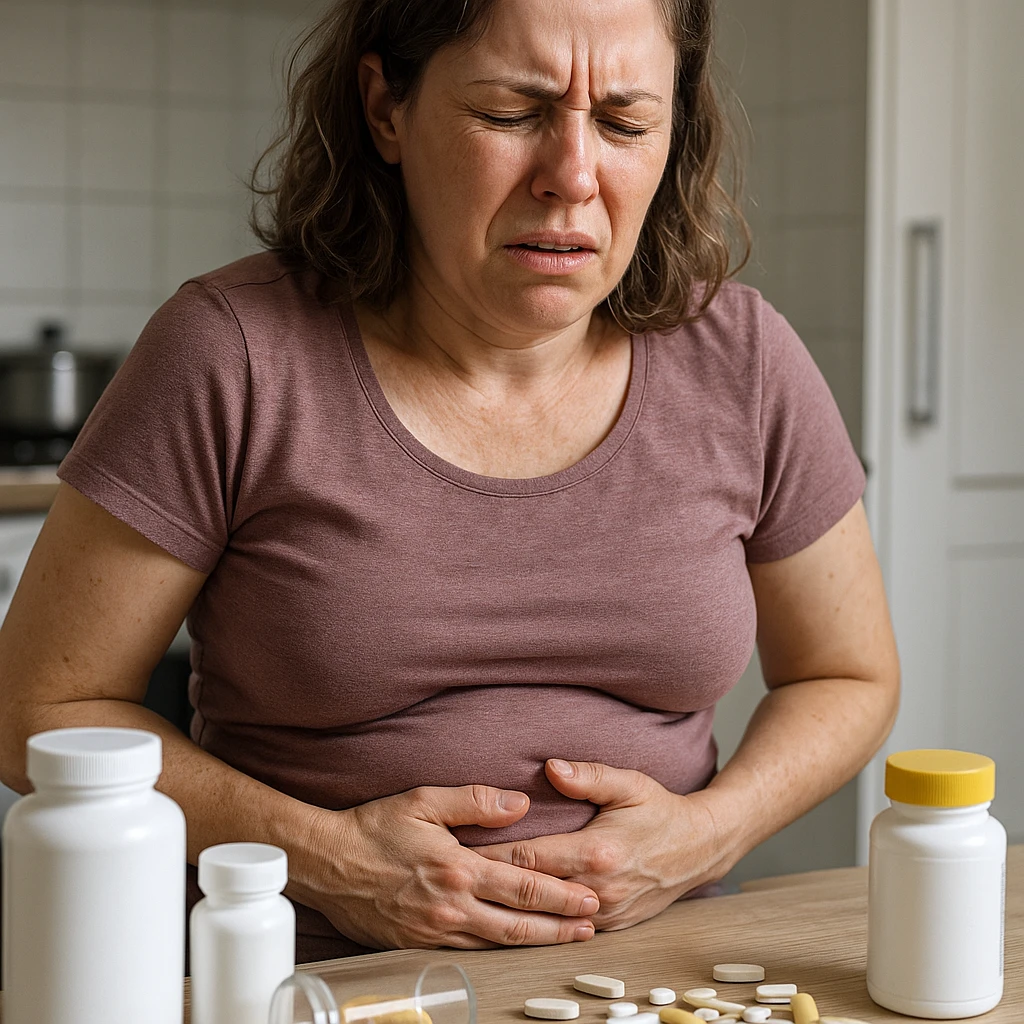 hyper realistic image of a woman with strong intestinal problems caused by supplements, expression of discomfort, abdominal bloating, supplements on the table, clinical details, everyday environment emoji