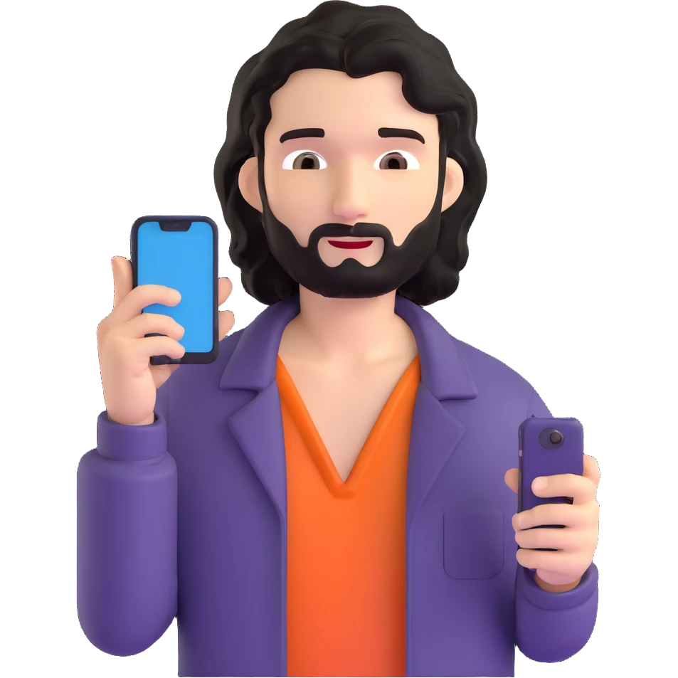 Business professional with black wavy hair, stubble, chiseled face, in casual attire with open collar shirt, relaxed pose with smartphone, warm approachable expression, modern and relatable for social media profile emoji