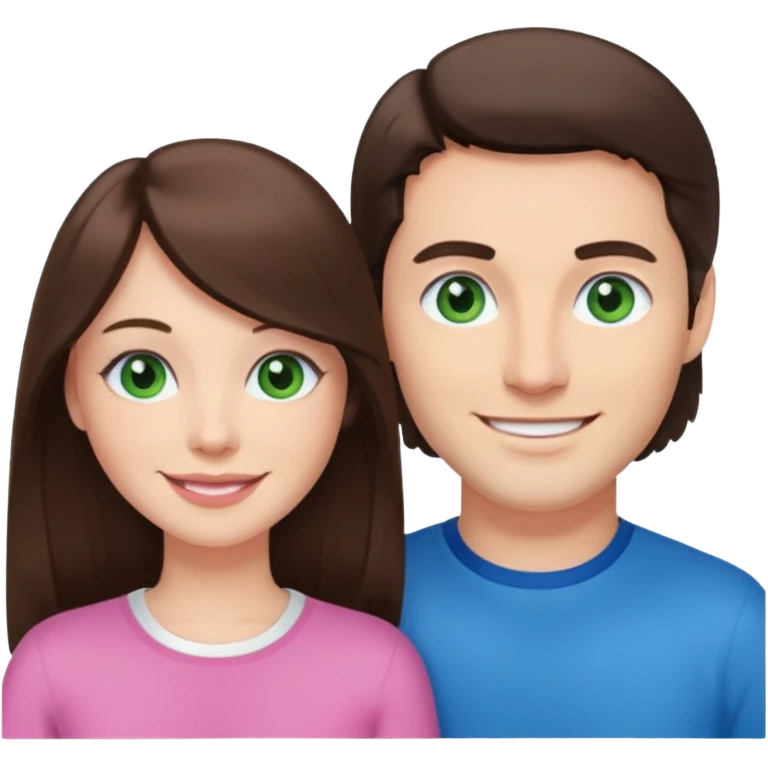 pink polaroid photo of a couple thats white with long brunette hair blue eyes and a white guy with short brunette hair and green eyes emoji