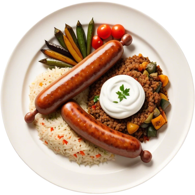 Cinematic Realistic image of a long, sausage-shaped Turkish Köfte, rendered with richly spiced meat textures and subtle grill marks, artfully arranged on a traditional Turkish ceramic plate alongside classic sides such as a serving of aromatic pilaf, crisp grilled vegetables, and a dollop of creamy yogurt, all bathed in warm, appetizing lighting that emphasizes its savory allure. emoji