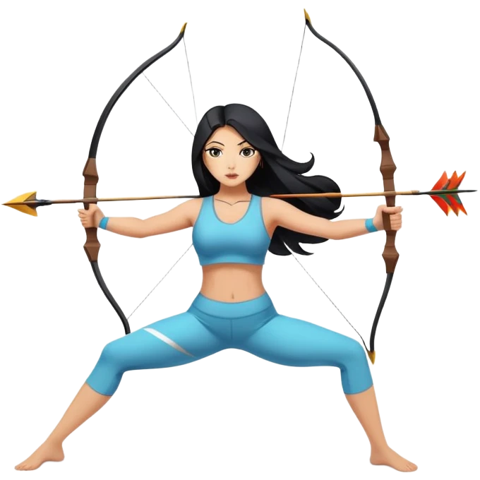 woman tanned long black hair, shooting arrow, sexy, yoga clothes emoji