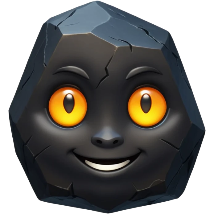 Single black obsidian rock character, thick and heavy with sharp facets and subtle reflections, carved cute face with glowing round eyes and a small smile, 3D render, high detail, soft backlighting, isolated on a plain dark background. emoji