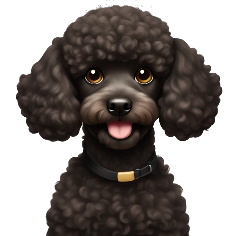 A cute black mini poodle with a brown coloured moustache smiling  emoji