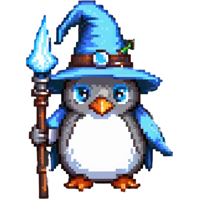 penguin wizard with pointy hat and staff emoji
