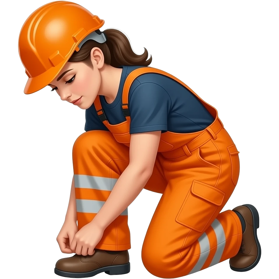 woman, in full orange hi-vis overalls with sleeves and hard hat, looking at feet emoji