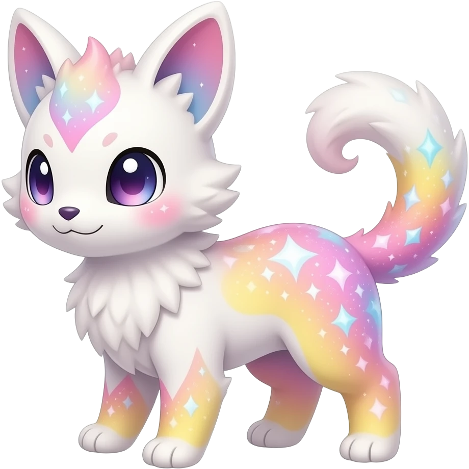 Rare realistic exotic pastel whitish pinkish yellowish gradients shiny sparkly divine celestial spiritual iridescent cute epic pretty beautiful handsome gorgeous aesthetic colorful vibrant Vernid-Trico-species-Fakemon-creature by LiLaiRa, 4 legs, 1 tail, random markings, (full body) emoji