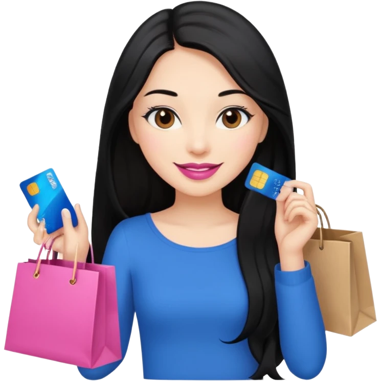 Girl with long black hair, pink lipstick, brown eyes holding shopping bags and blue credit card emoji