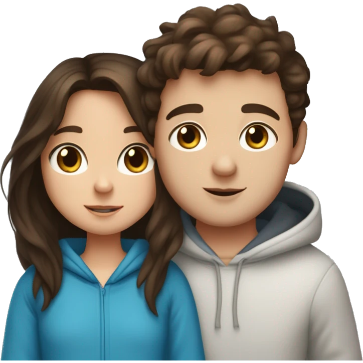A light brunette girl with brunette eyes who is approximately 5,2 with a black hoodie and pijamas hugging a blue eyed light brunette boy with freckles wearing pijamas and a white hoodie emoji