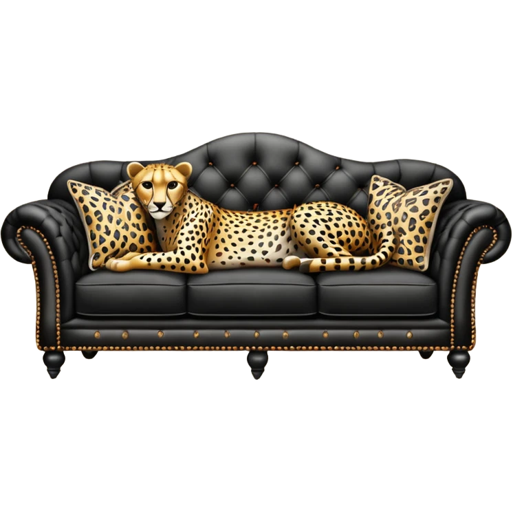 detailed, hyperrealism, still life style, beautiful realistic black leather sofa, with decorative cheetah pattern print realistic 3d vintage patterned pillows, masterpiece  emoji