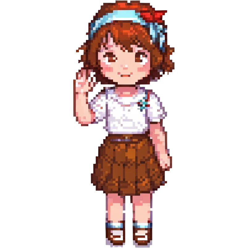 girl with short brown hair and a red headband, pixel art style, waving emoji