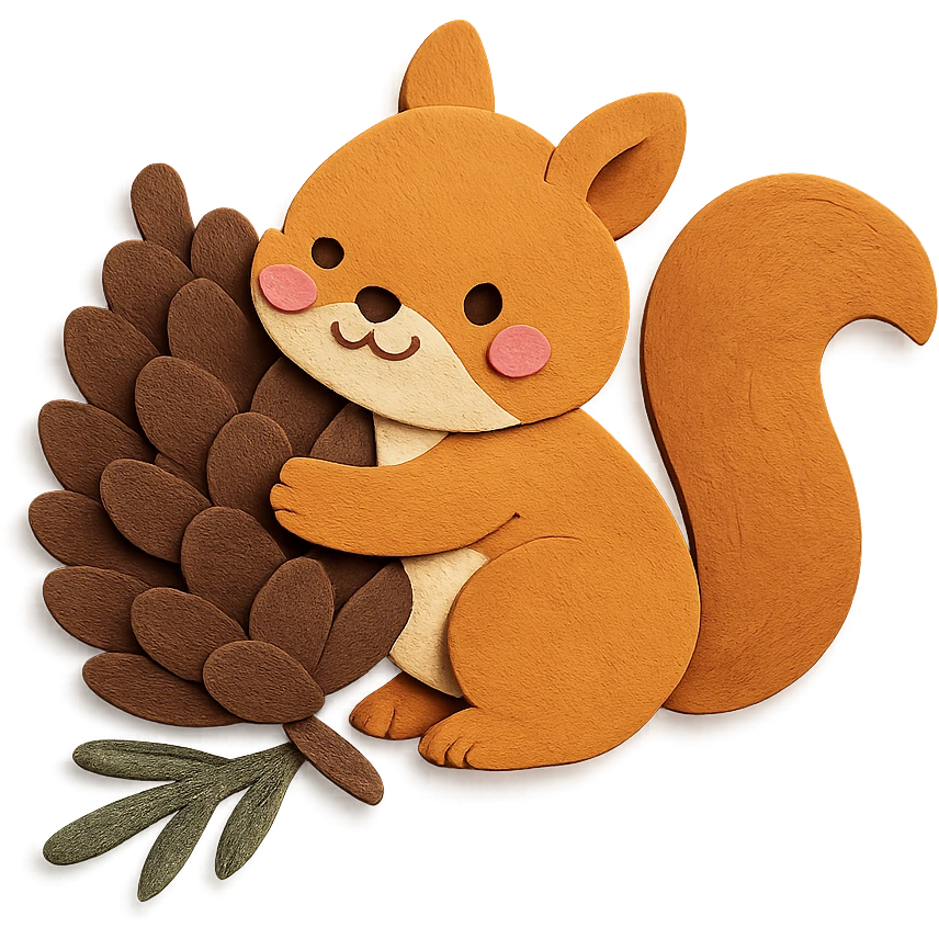squirrel hugging a giant pine cone, forest kawaii illustration, paper-craft style emoji