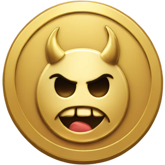 A gold coin stamped with a Devil on its face emoji
