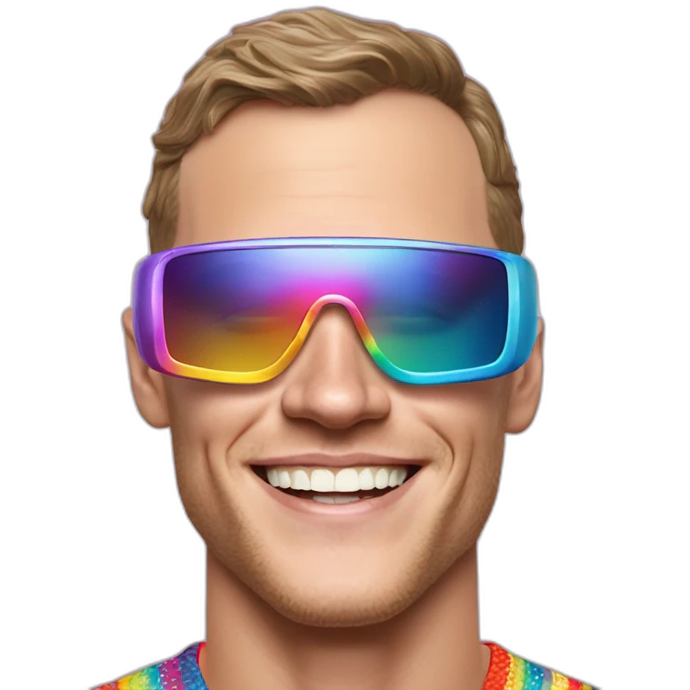 Fancy disco futuristic Jonathan Toews wearing rainbow lace shirt and wearing VR glasses and eating a moon pie emoji