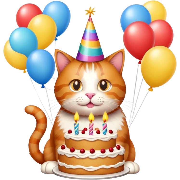 Ginger cat celebrates birthday, birthday hat, birthday cake, balloons, happy emoji