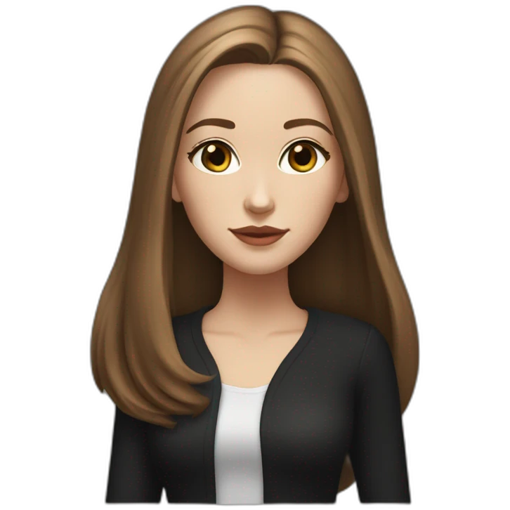 a white girl with an elongated oval face, brown long straight shoulder-length hair, brown narrow eyes, nasolabial folds, in black clothes, with a feline look, hyper realistic emoji