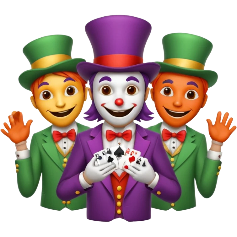 3 poker cards, with crazy colorful human jolly jokers inside, face and body only emoji