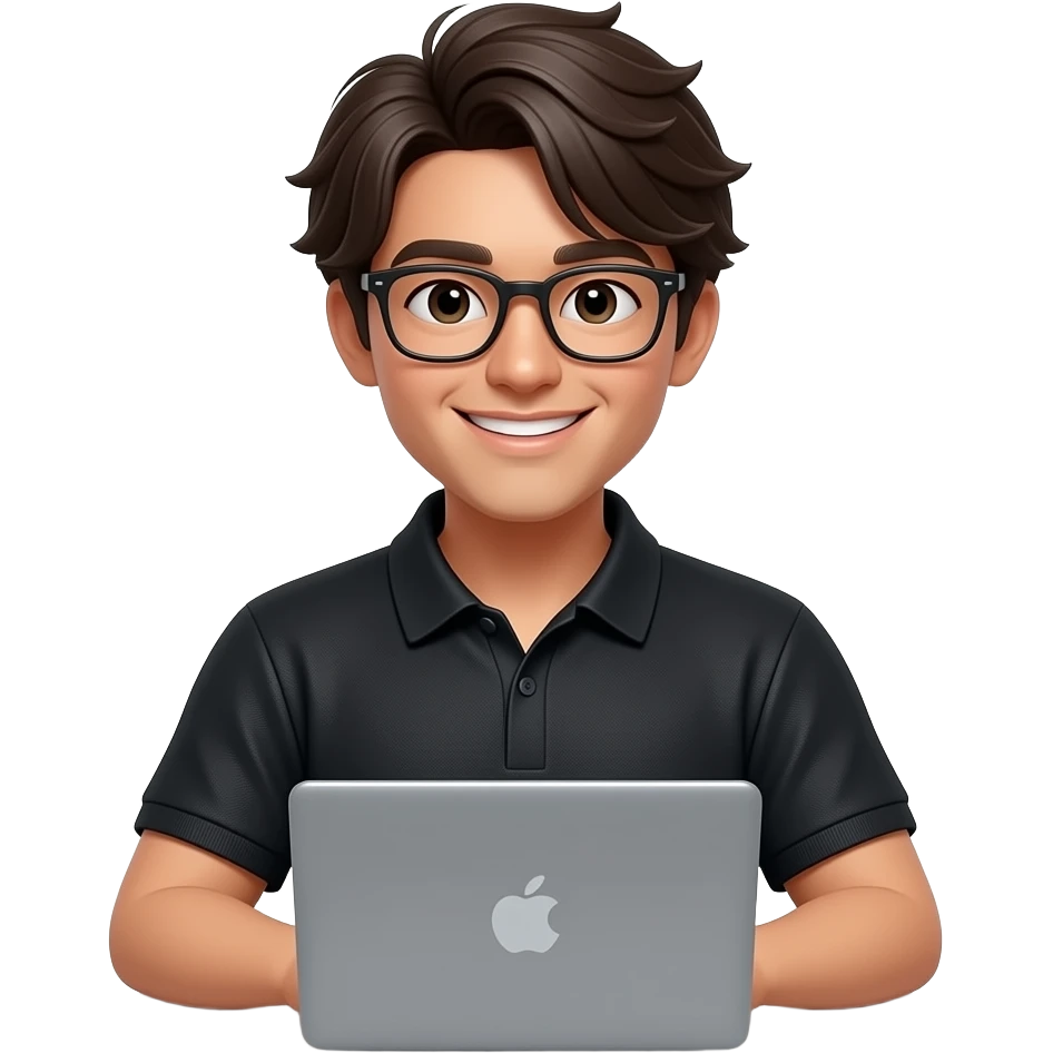 3D Apple Memoji style, 22-year-old male, same laptop pose, black polo shirt, short layered hair, face like second image (glasses, friendly smile), clean background, soft light, high detail. emoji