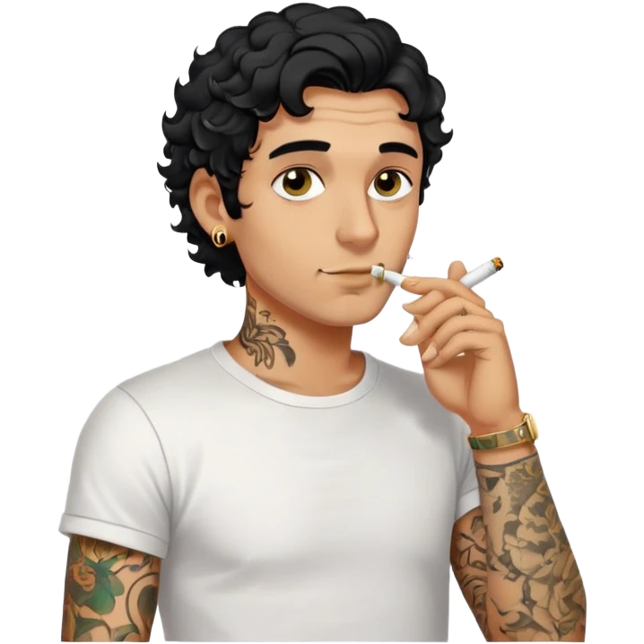 Italian man with tanned skin, curly black hair in short bob style, stubble, olive eyes, gold earring in left ear, white t-shirt, black tattoo on forearm, smoking cigarette emoji
