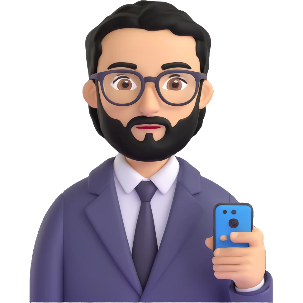 same professional man with medium black beard, neat black hair, connected unibrow, olive tan skin, brown eyes, glasses, prominent nose, dressed in formal black jacket, with mobile phone emoji