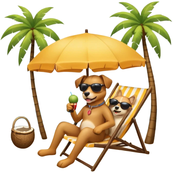 a dog laied on a beach chair, a sunny beach, a sun umbrella, and beach coconut trees. the icon should capture the essence of a relaxing beach vacation with a carefree atmosphere emoji