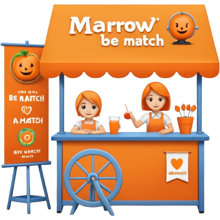 emoji of a recruitment booth. Two cartoon figures stand behind an orange colored table with 'MARROW, be a match' branding, a colorful spinning wheel, and a branded vertical banner. Simplified and cute. emoji