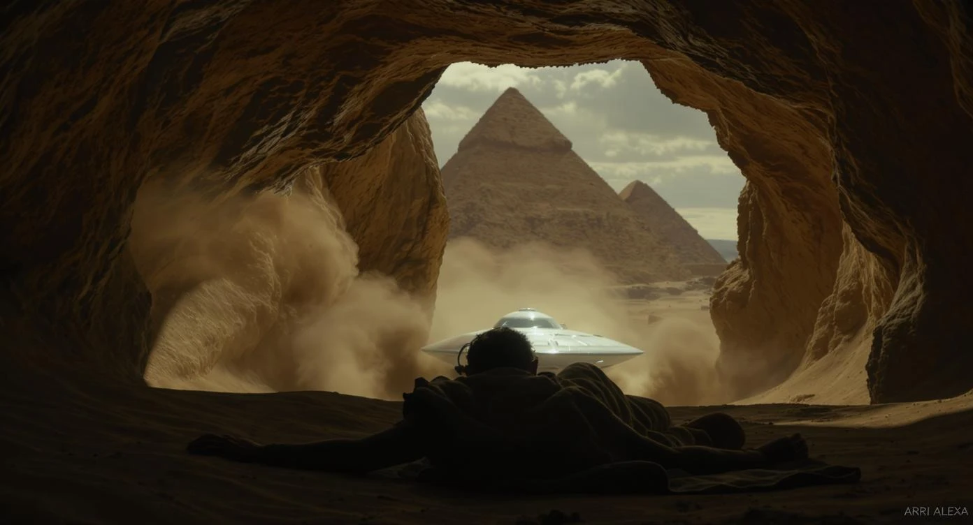 cinematic still, documentary photography, acient egypt, back shot of a man dress in ancient clothes in cave (frame in frame effect) on ground laying front of small ufo starship, sand flying around, dynamic scane, leading lines, captured by arri alexa, depth layers, piramids in babckground emoji
