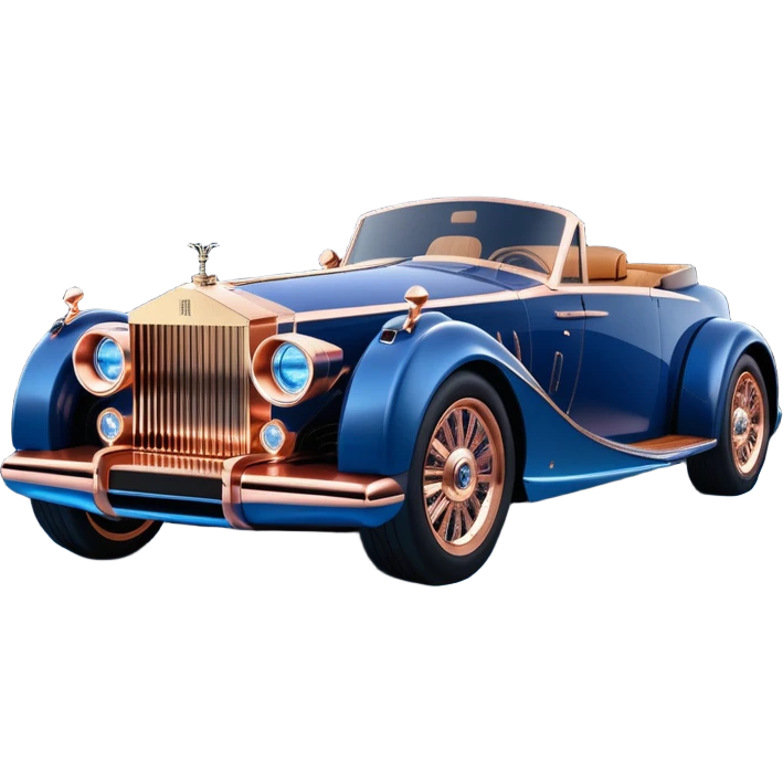 dark blue led lights on a hot rodded delicately inlaid rose gold and wood accentuated sporty 1889 Rolls Royce with futuristic electric spaceship plasma neon glowing motors and lightening dynamos with wide racing wheels that are held strong by advanced suspension and steering emoji