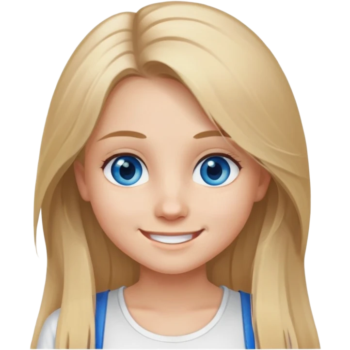 girl with long dirty blond hair, blue eyes, wearing a white top, smiling emoji