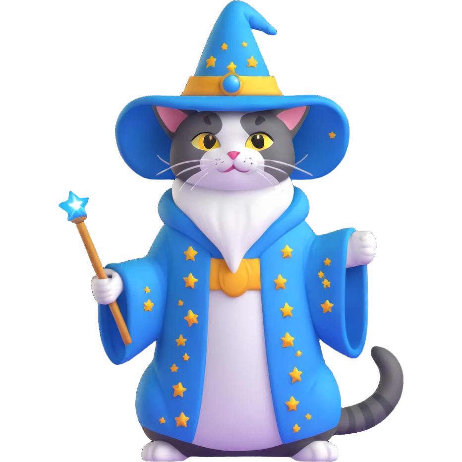 wizard cat with a starry robe and hat emoji