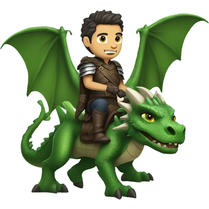 Determined armored White Man with dark brown pompadour hair and a short beard riding on the back of a giant green dragon emoji