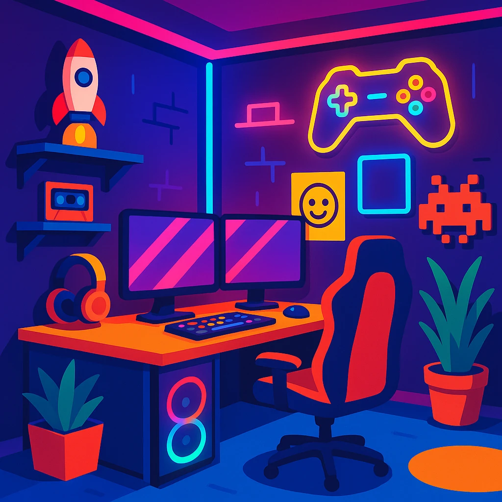 gaming room with neon accents and fun decor in vibrant toon style emoji