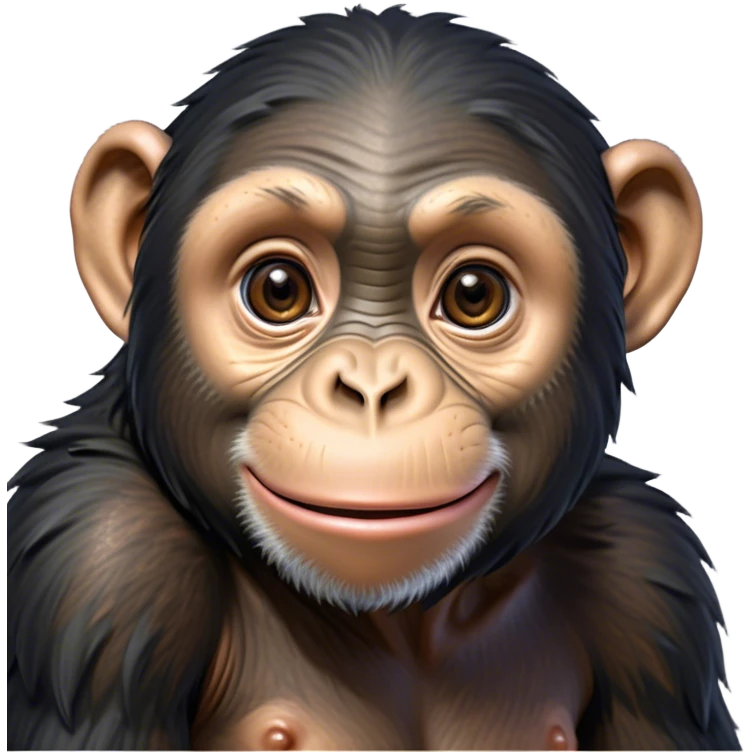 Cinematic Cute Chimpanzee Portrait Emoji, Head tilted playfully and inquisitively, with a smooth, expressive face accented by softly ruffled fur and round, sparkling eyes full of mischief, Simplified yet irresistibly adorable features, highly detailed, glowing with a warm, friendly glow, high shine, affectionate and lively, stylized with a touch of whimsical charm, soft glowing outline, capturing the essence of a mischievous yet loving chimpanzee that feels like it could leap out of the screen into your arms! emoji