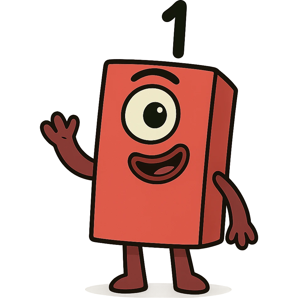 Numberblock 1, red block with a single eye and a smiling face, simple friendly cartoon style, playful and minimalistic, kids cartoon style emoji