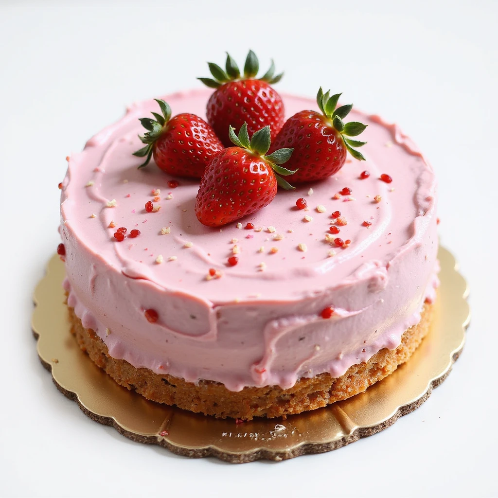 realistic round cake with pink frosting and strawberries, photorealistic style emoji