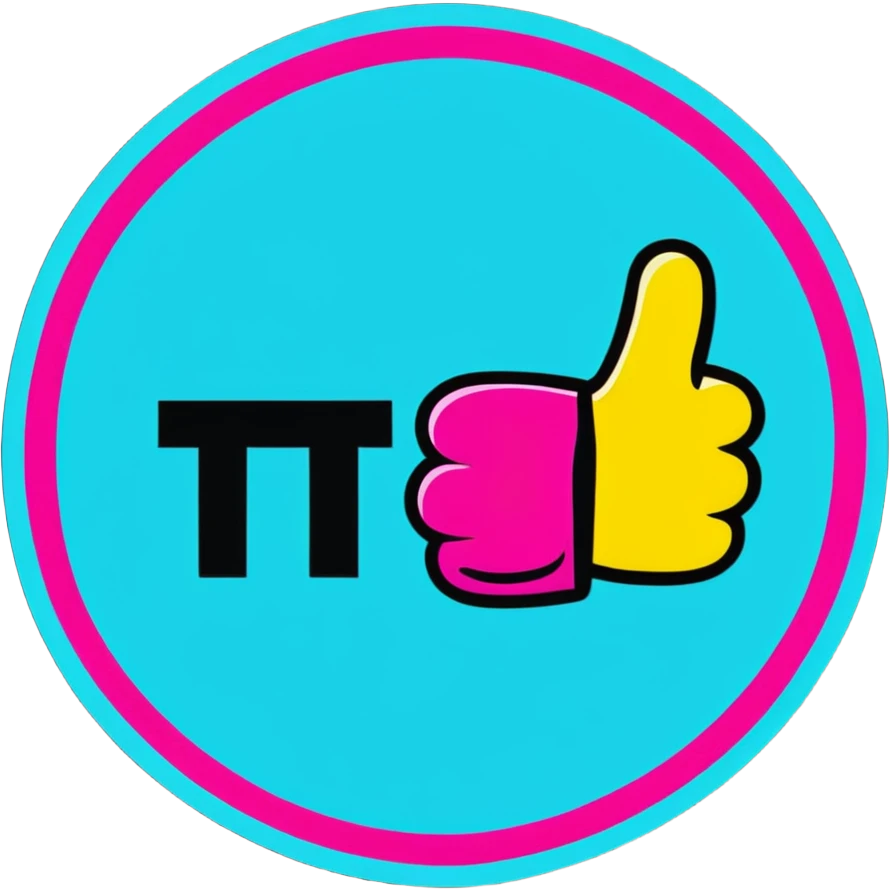 Minimalist sticker with white 'tt' letters on a black circle with cyan, magenta, and yellow dots below, thumbs up gesture with street style influence emoji