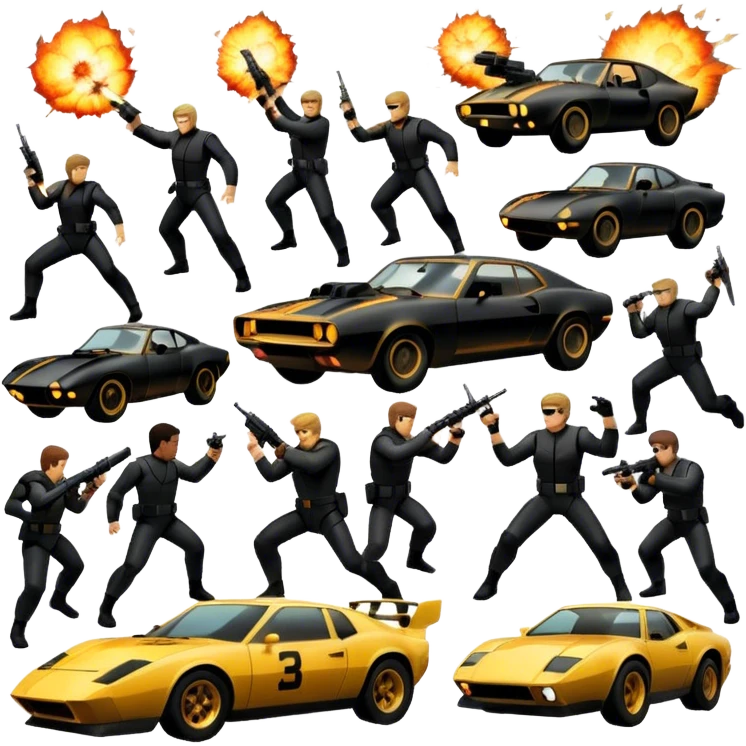 Photorealistic Icon for Action Movies: Dynamic collage of iconic action movie scenes featuring explosions, fast cars, combat, and weapons. Include silhouettes of famous action heroes, dramatic lighting, and a sense of high-octane energy. Transparent background. emoji
