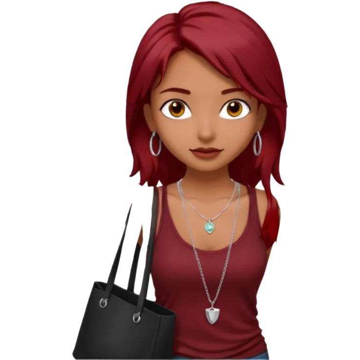 a pretty tan indian bratz girl with messy dark red hair, wearing a dark red tank top, layered silver necklaces. Carrying a black tote bag emoji