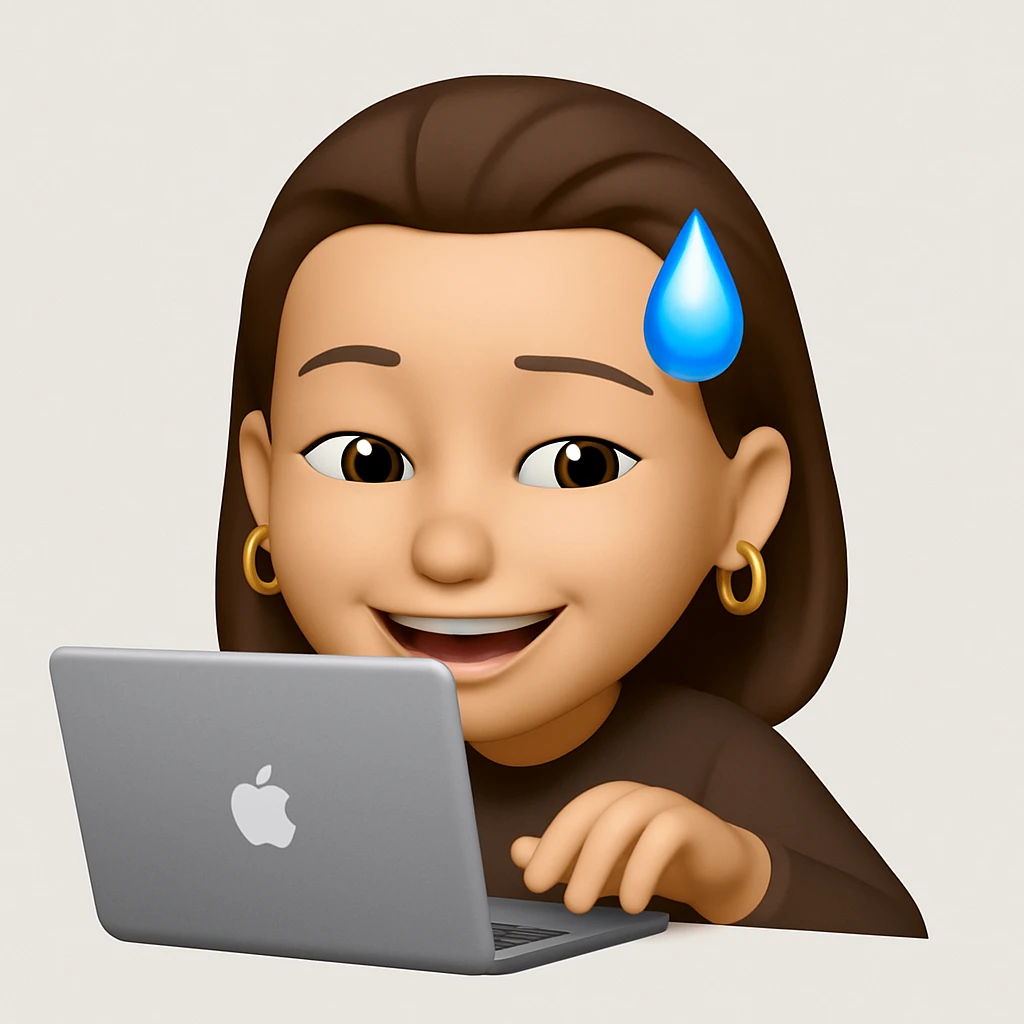 make her typing on a laptop and add golden ring earrings, keep the same style as the original image emoji