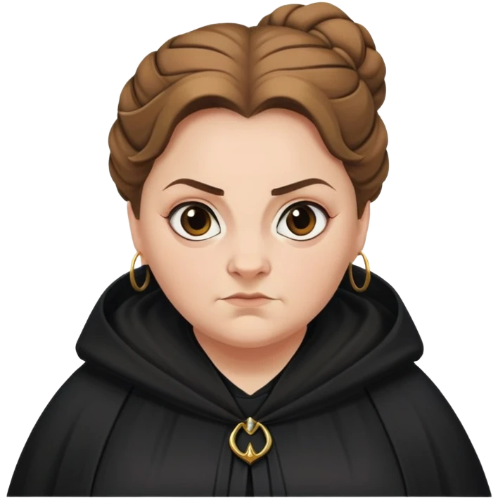 Alecto Carrow in harry potter, a white fat woman , one knot bun light brown hair, look evil, black cloak emoji