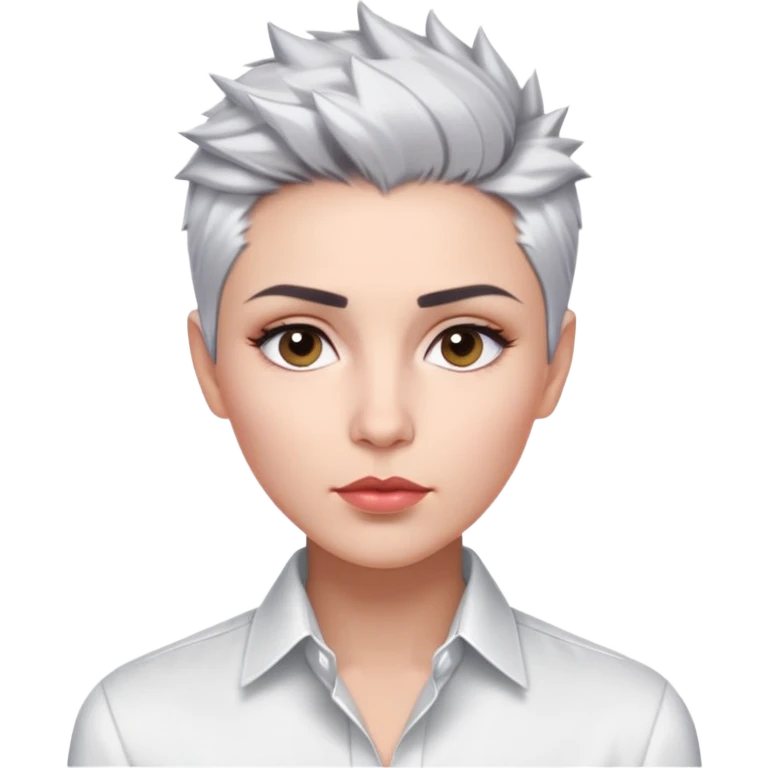 Marian Pabón with elegant facial features, light rosy complexion, expressive eyes, medium well-defined lips, sophisticated pronounced cheekbones, short spiky silver hair styled like a men's cut, dressed in a crisp white button-up shirt emoji