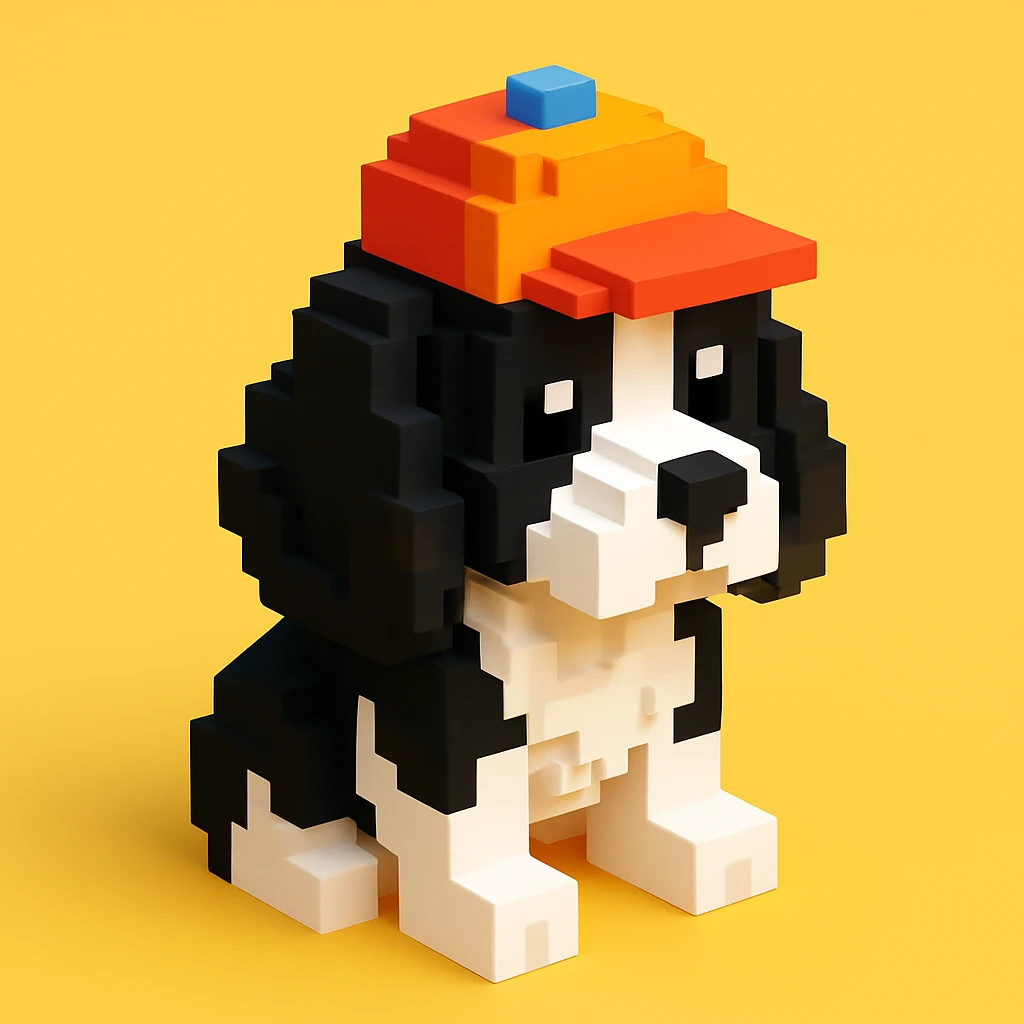 A black and white Russian Cocker Spaniel puppy wearing a cap, sitting. emoji