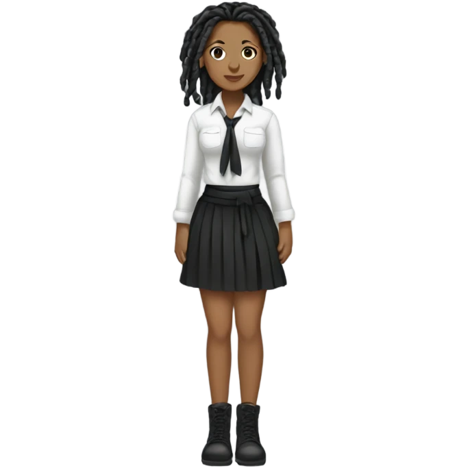 Tan girl with black locs dark white tied shirt black skirt full body emoji