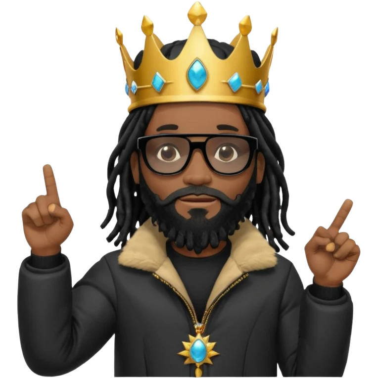African American man with shoulder length black dreadlocks with black beard wearing black sunglasses wearing Crown on his head wearing a black bubble mens winter coat pointing at himself emoji
