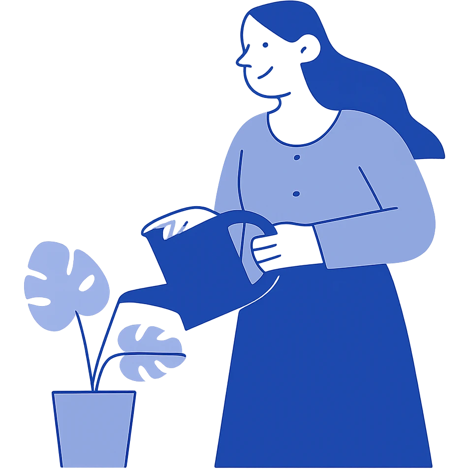 smiling woman with watering can caring for monstera emoji