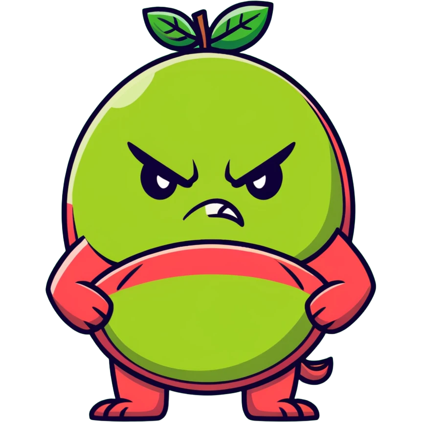 Furious guava character with angry eyes, scowling face, and arms crossed emoji