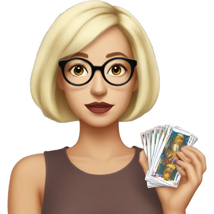 Blonde Bob cut hair weird Karen with circular glasses and tarot cards emoji