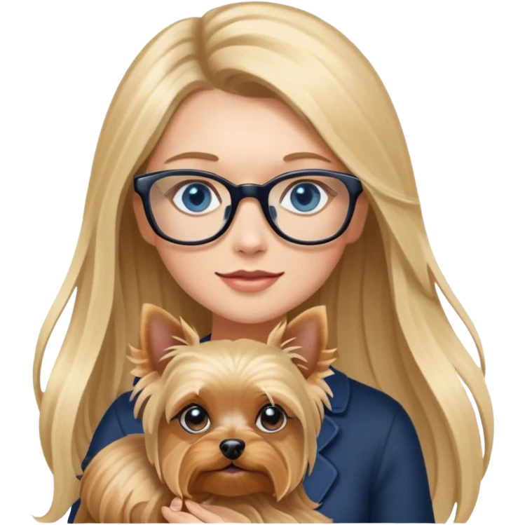 Blonde balayage long hair women with blue eyes wearing glasses holding a Yorkshire terrier  emoji