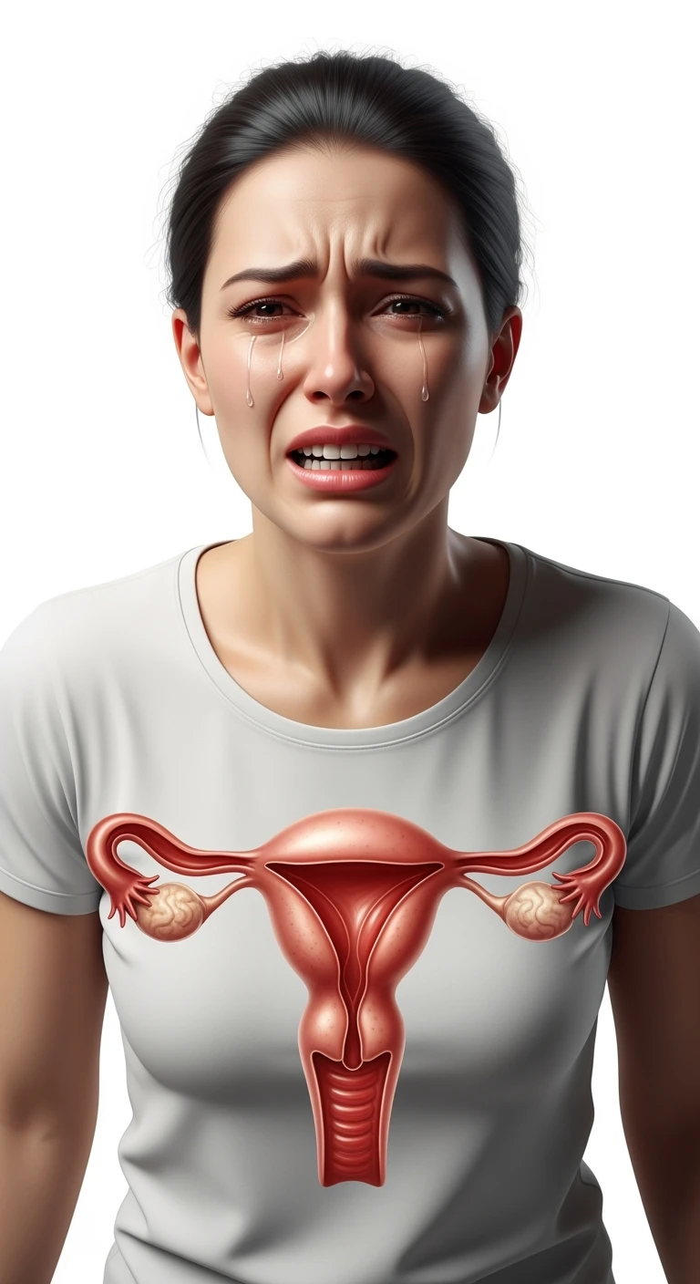 donna con utero umano realistico in evidenza dolorante, espressione di dolore in volto, sfondo bianco, non farla computerizzata, ma iperrealistica 4k emoji