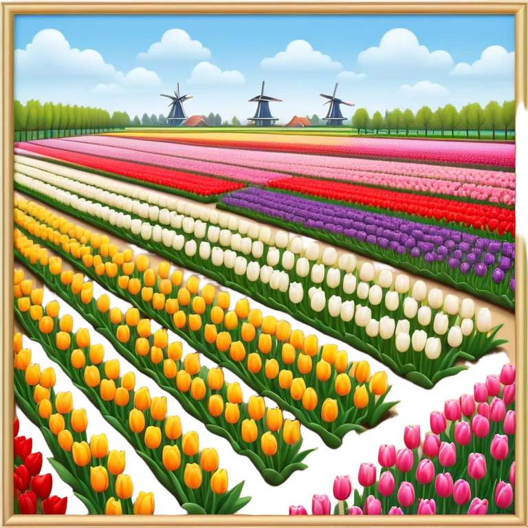 Cinematic Realistic Keukenhof Gardens Landmark Emoji, showcasing expansive tulip fields rendered with crisp, lifelike detail and radiant lighting. emoji
